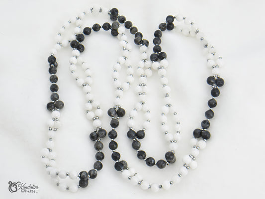Labradorite and white agate tantric mala, on a white background with 'Kundalini Whites' branding.