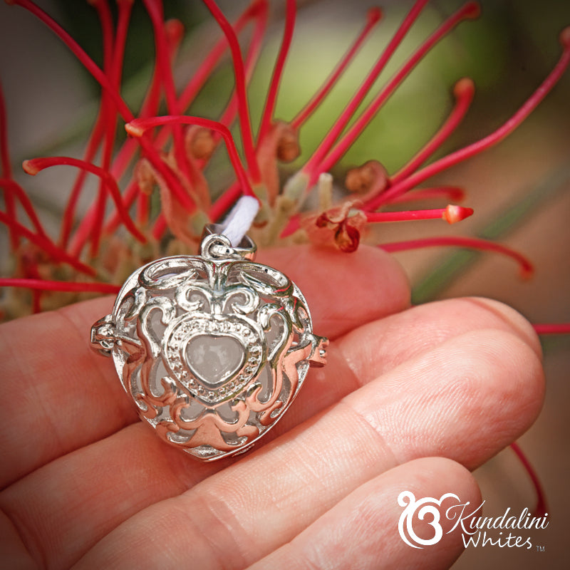 Silver heart-shaped locket held in a hand with a red flower in the background