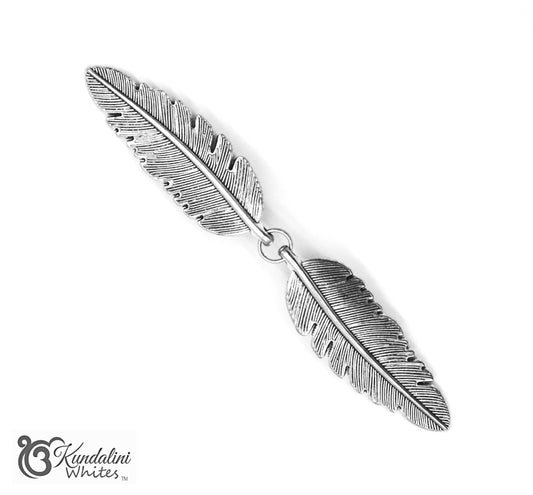 Silver feather shawl holder on a white background with 'Kundalini Whites' branding.