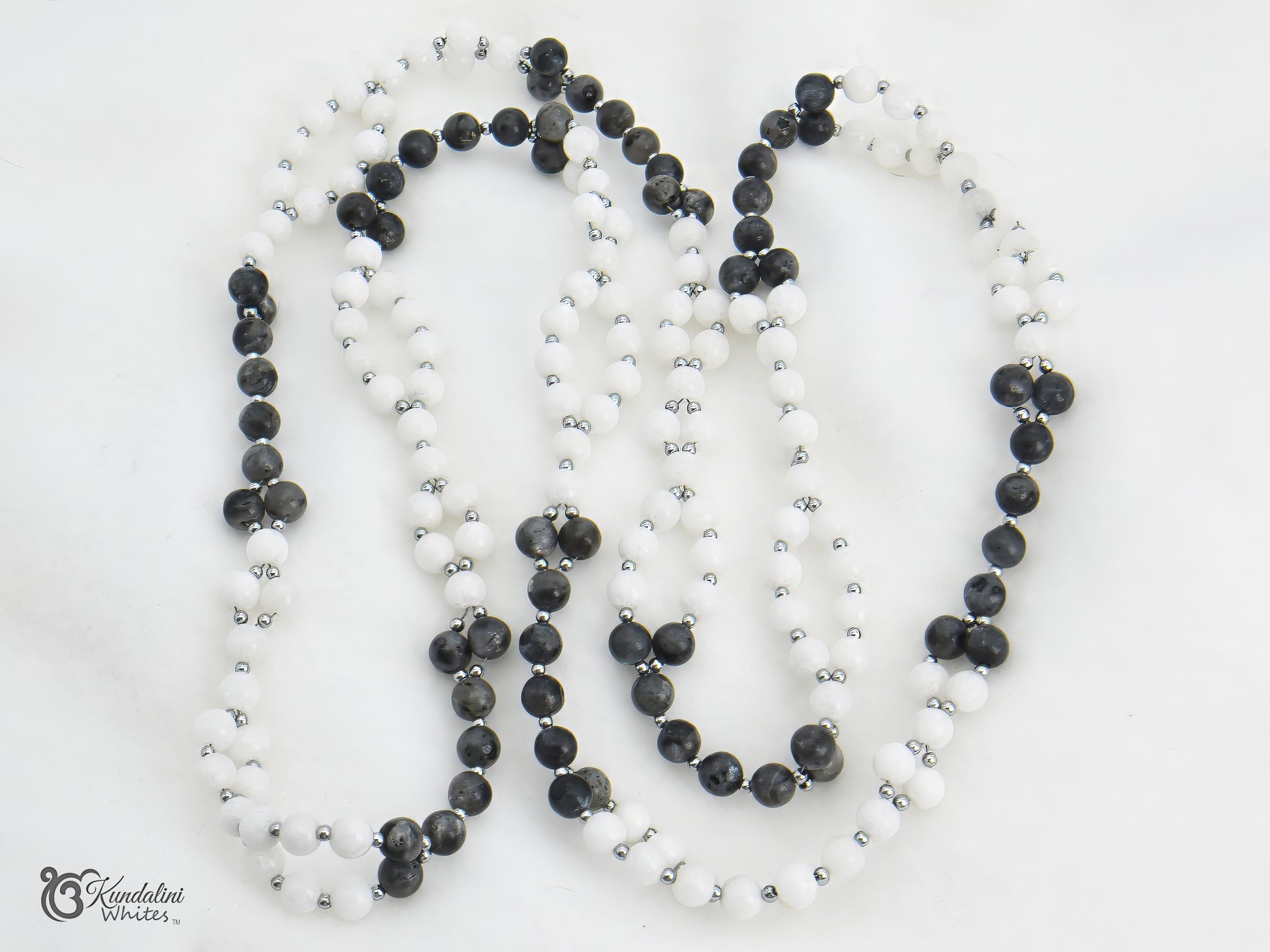 Labradorite and white agate tantric mala, on a white background with 'Kundalini Whites' branding.