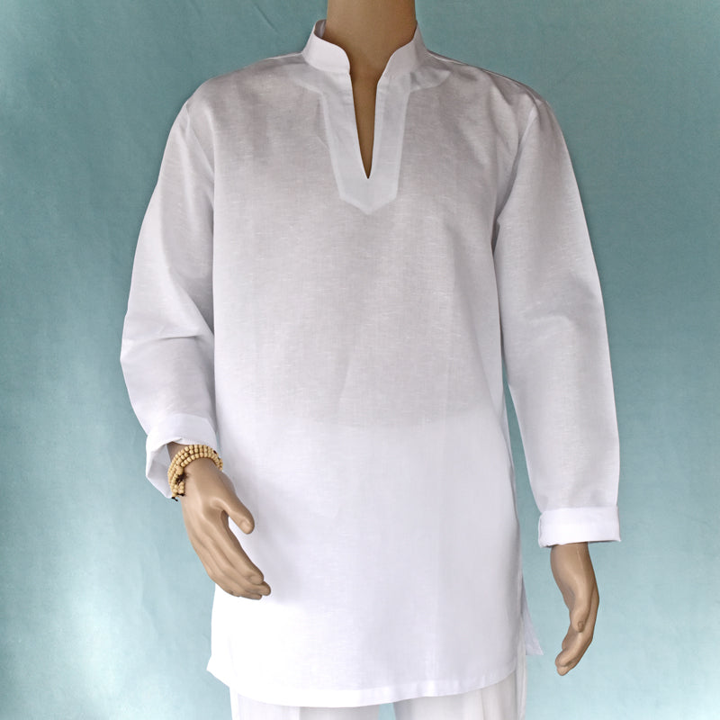 White long-sleeve shirt on a mannequin against a light blue background