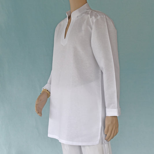 Mannequin wearing a long white shirt against a light blue background