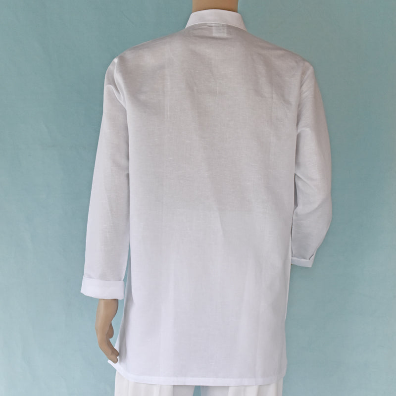 Long white shirt on a mannequin against a light blue background