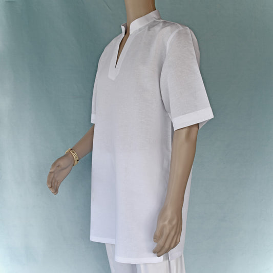 Mannequin wearing a white short-sleeve shirt against a light blue background