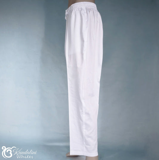 White pants on a person against a gray background with 'Kundalini Whites' branding.
