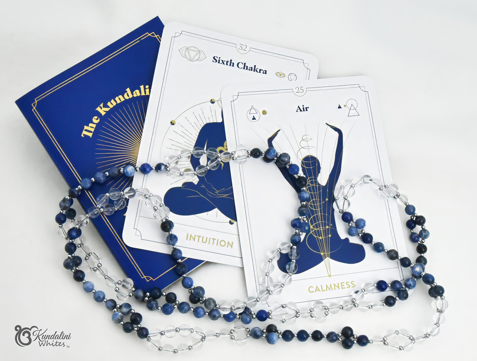Kundalini Meditation cards matching the Tantric Mala of sodalite and clear quartz beads by element and chakra.