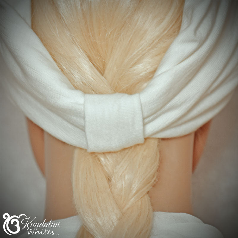 Close-up of a braided hairstyle with a white headband, blurred background