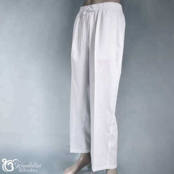 Model wearing white cotton sateen long men's yoga pants with elastic waist and drawstring