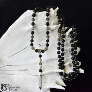 Black tourmaline mala with hematite and smokey quartz