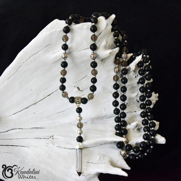 Black tourmaline mala with hematite and smokey quartz